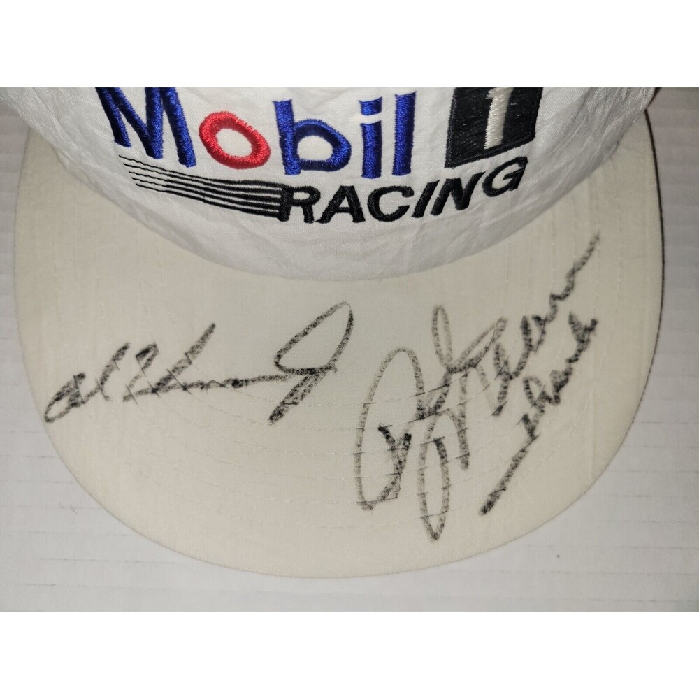 Vintage MOBIL 1 RACING White Snapback Hat Nylon Autographed Race Car Drivers?‎ - Picture 2 of 7